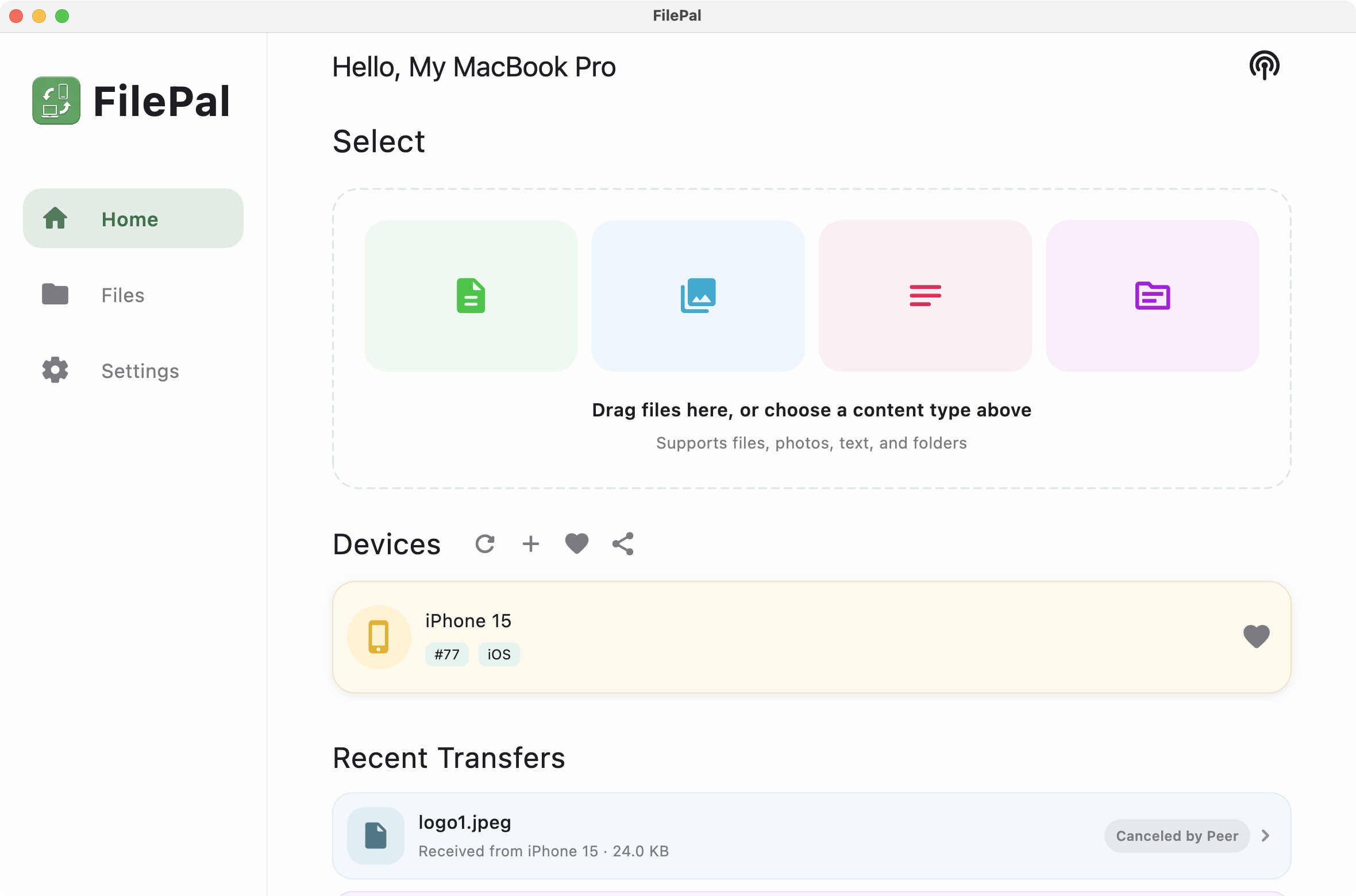 FilePal macOS 端真实首页，显示内容选择、iPhone 设备和最近传输
